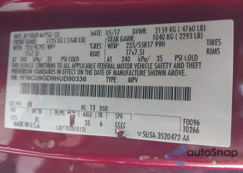 2017 Ford Escape Se из США, поврежденный, VIN 1FMCU9GD9HUD90336